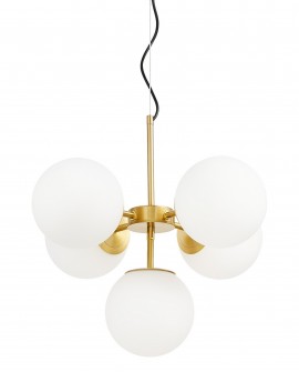 LAMPA WISZĄCA NOWOCZESNA ZŁOTO SZCZOTKOWANE BIAŁE KULE STELVIO 5 LUMINA DECO