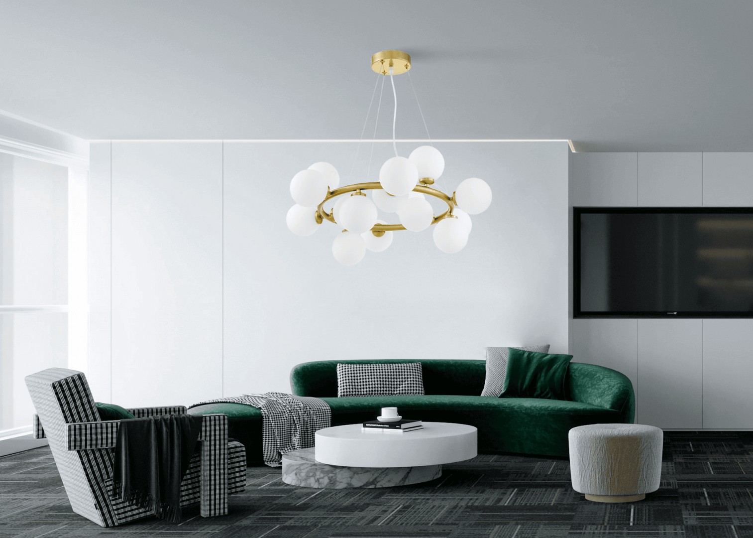 Lampa wisząca złota szczotkowana Marsiada 15 Lumina Deco w jasnym wnętrzu, białe kule i złote wykończenie