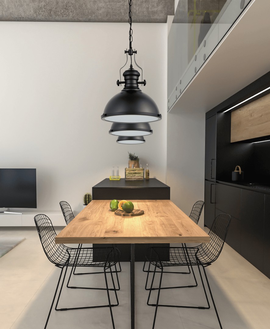 Lampa wisząca metalowa czarna nad stołem w jadalni w stylu industrialnym