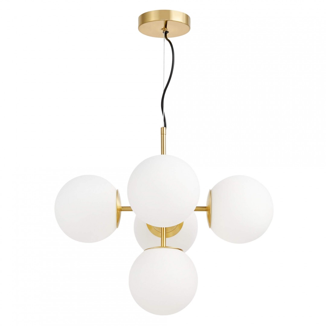 LAMPA WISZĄCA NOWOCZESNA ZŁOTO SZCZOTKOWANE BIAŁE KULE STELVIO 5 LUMINA DECO