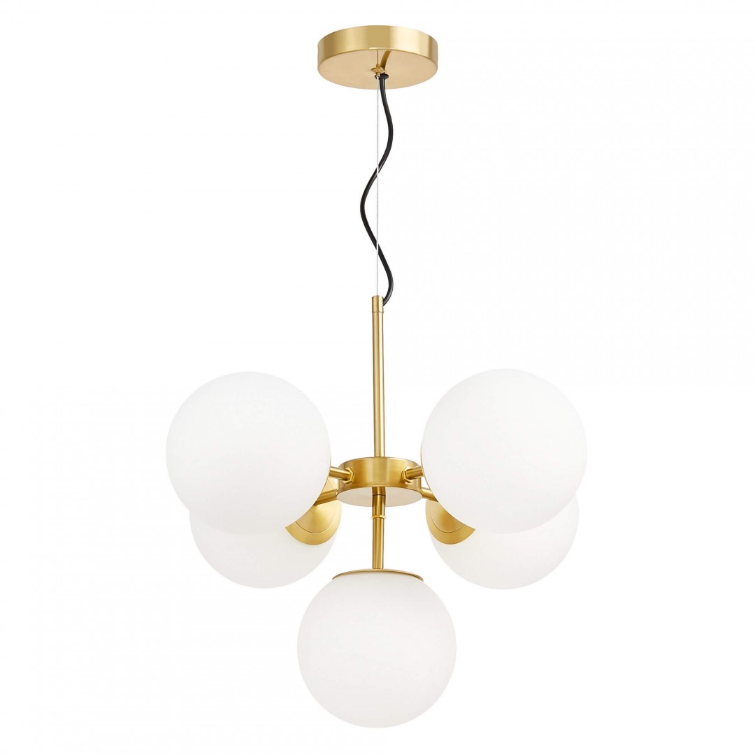 LAMPA WISZĄCA NOWOCZESNA ZŁOTO SZCZOTKOWANE BIAŁE KULE STELVIO 5 LUMINA DECO