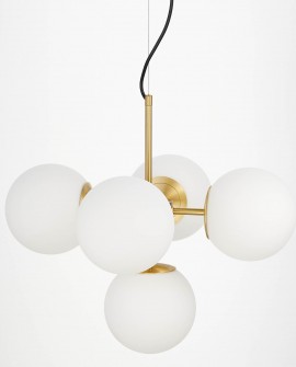 LAMPA WISZĄCA NOWOCZESNA ZŁOTO SZCZOTKOWANE BIAŁE KULE STELVIO 5 LUMINA DECO