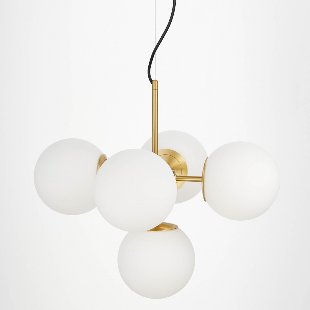 LAMPA WISZĄCA NOWOCZESNA ZŁOTO SZCZOTKOWANE BIAŁE KULE STELVIO 5 LUMINA DECO