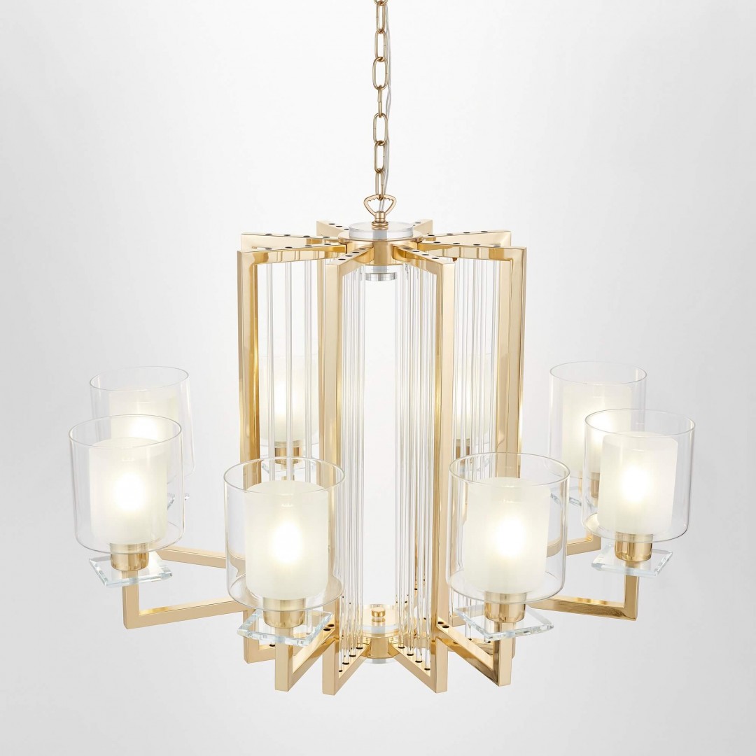 Ośmioramienna lampa wisząca złoto i szkło glamour przeznaczona do salonu