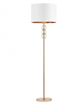 Biało-złota szczotkowana lampa stojąca AZZARIA Lumina Deco z tkaninowym abażurem na jasnym tle