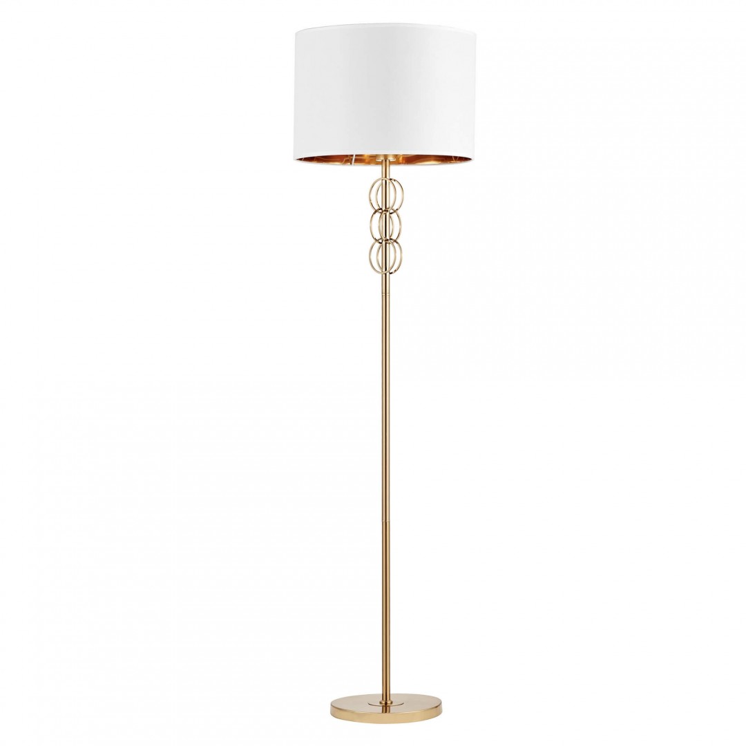 Biało-złota szczotkowana lampa stojąca AZZARIA Lumina Deco z tkaninowym abażurem na jasnym tle