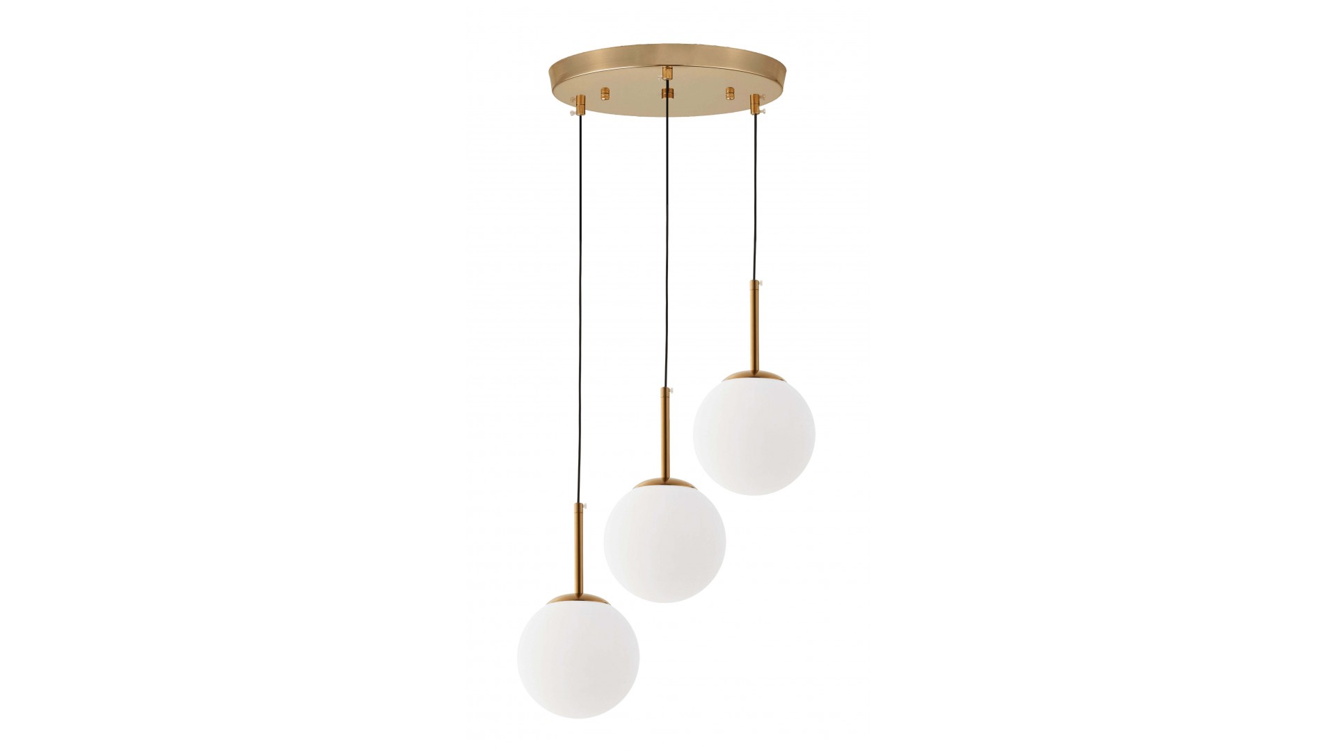 Elegancka potrójna lampa złota szczotkowana fredica 3 okrągła z białymi kloszami lumina deco