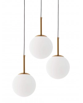 Nowoczesna lampa wisząca złota szczotkowana potrójna białe kule fredica 3 okrągła lumina deco