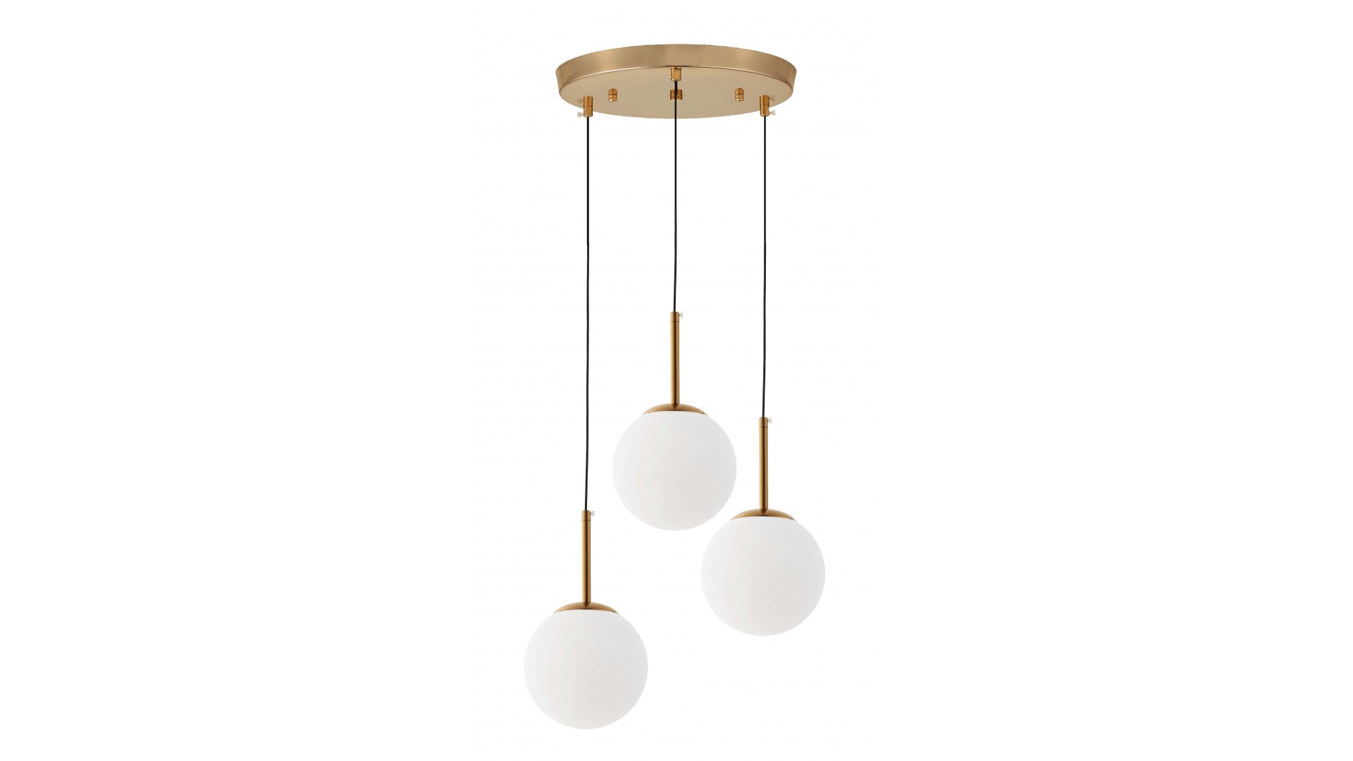 Nowoczesna lampa wisząca złota szczotkowana potrójna białe kule fredica 3 okrągła lumina deco