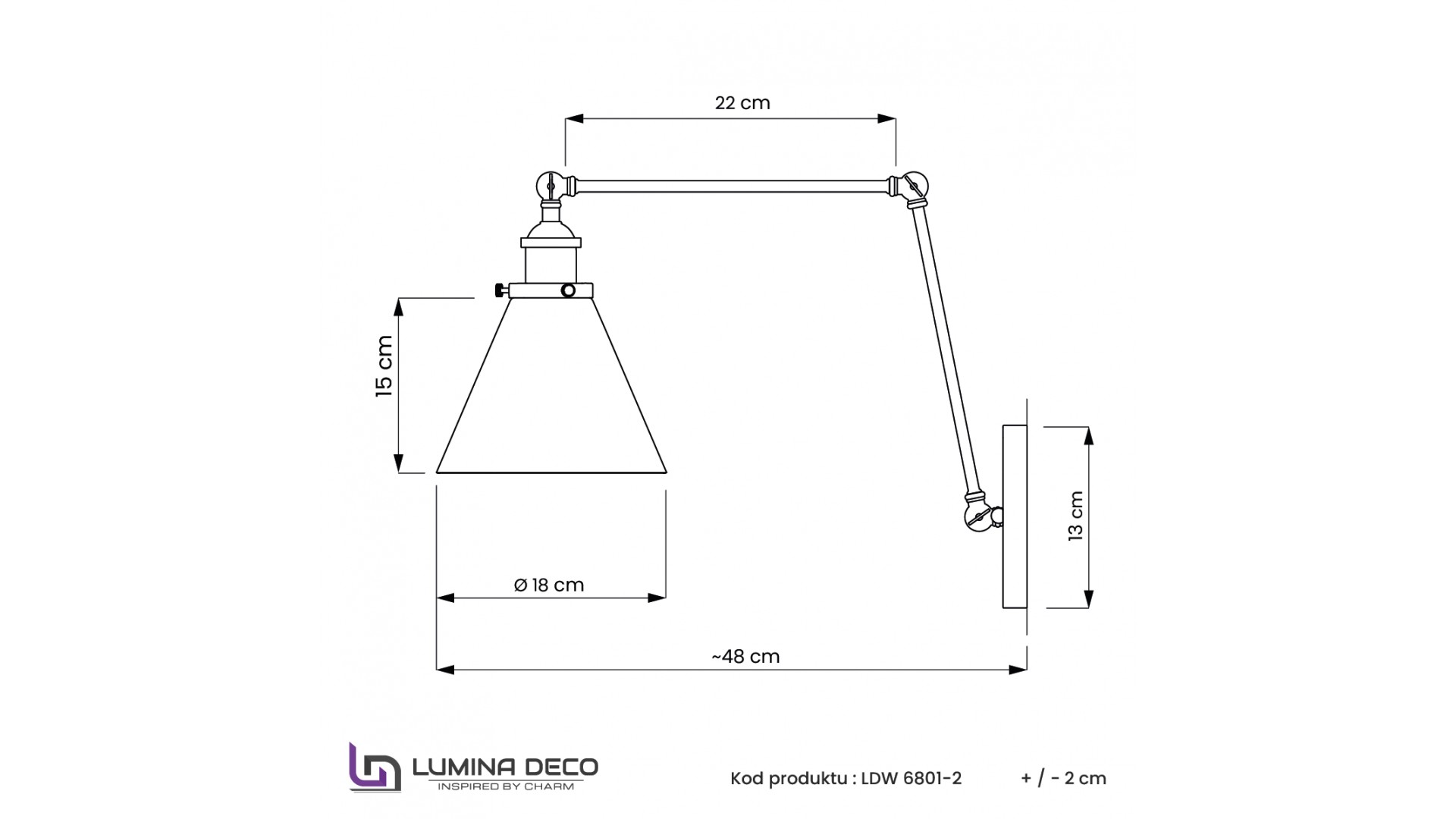schemat wymiarów lampy ściennej nubi pro w2 lumina deco