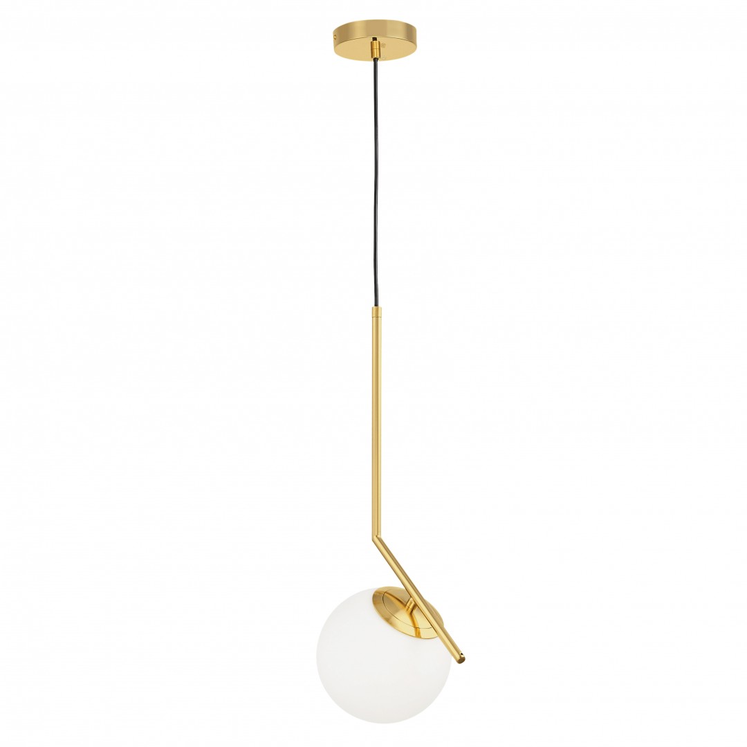 lampa sorento 15 w kolorze złota szczotkowanego wisząca z białą kulą widok frontowy