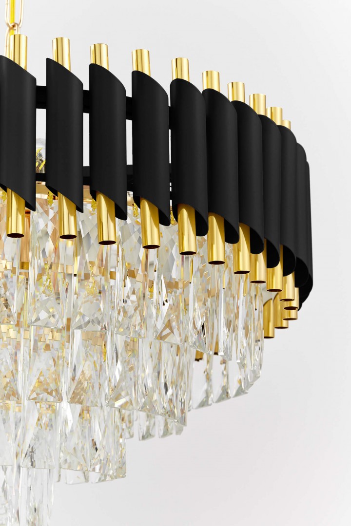 Kryształowy żyrandol Mazini D50 Lumina Deco, czarno-złota konstrukcja z wiszącymi kryształami w stylu glamour