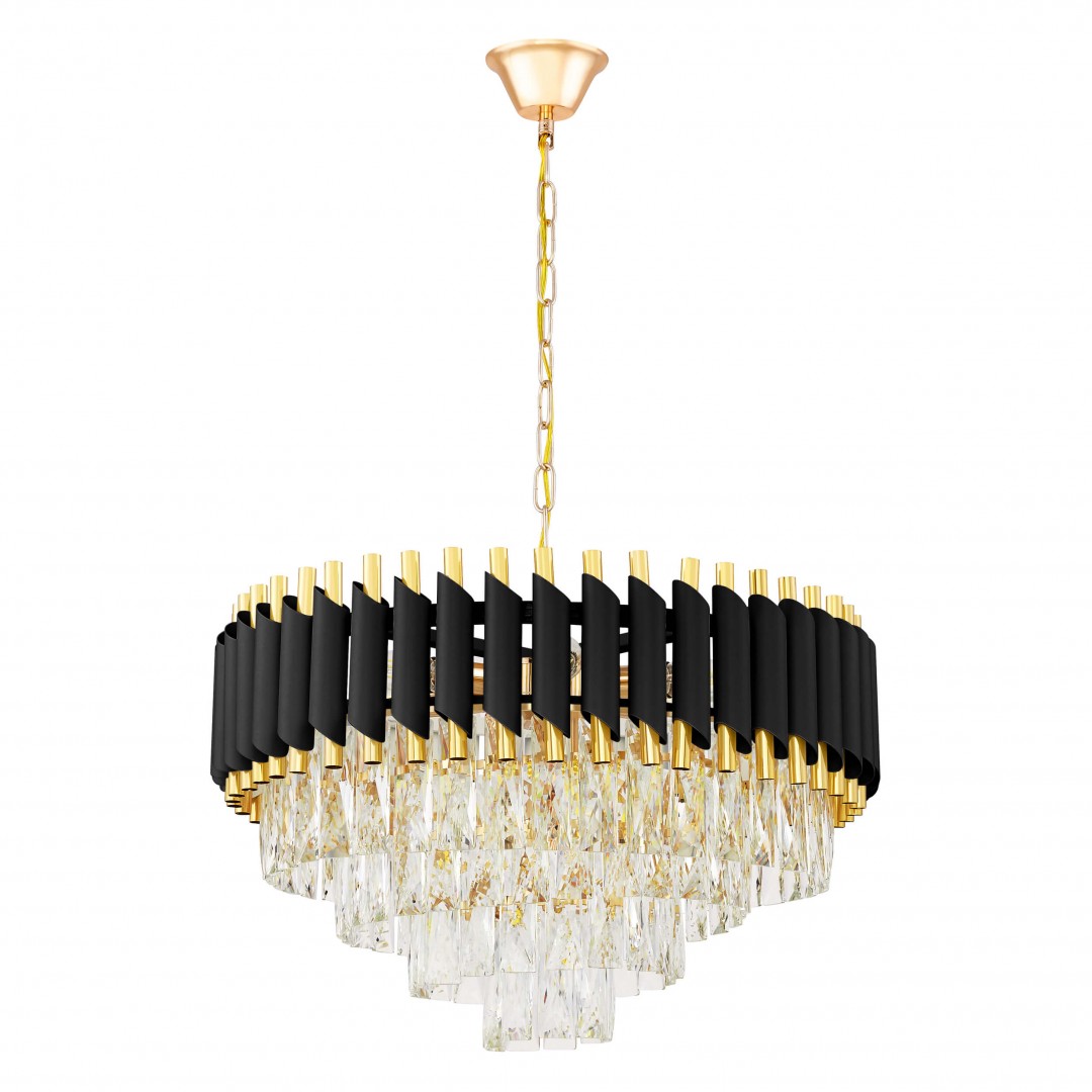 Lampa wisząca żyrandol kryształowy czarno-złoty Mazini D50 Lumina Deco na białym tle, eleganckie oświetlenie do salonu