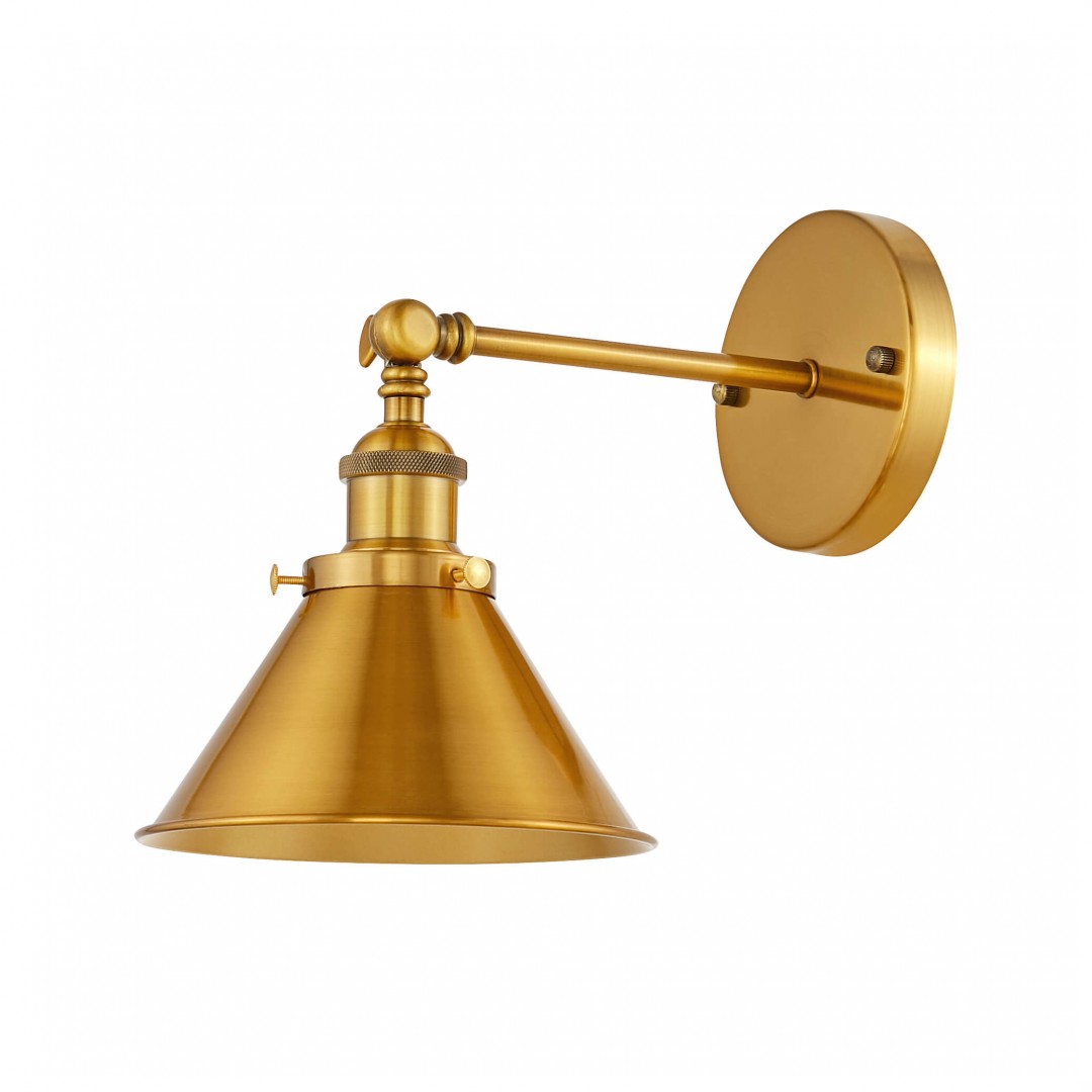 Złoty szczotkowany kinkiet loft gubi w1 lumina deco z metalowym stożkowym kloszem