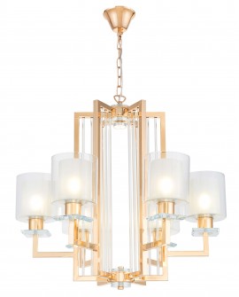 Nowoczesna lampa wisząca złota Manhattan Lumina Deco – widok frontowy, konstrukcja z podłużnymi szklanymi kloszami i złotym wyko