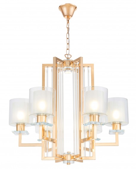 Nowoczesna lampa wisząca złota Manhattan Lumina Deco – widok frontowy, konstrukcja z podłużnymi szklanymi kloszami i złotym wyko