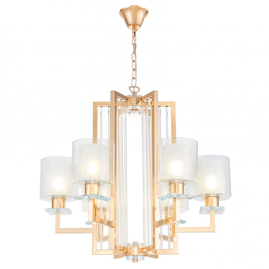 Nowoczesna lampa wisząca złota Manhattan Lumina Deco – widok frontowy, konstrukcja z podłużnymi szklanymi kloszami i złotym wyko