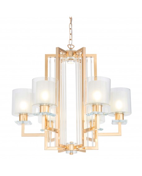 Nowoczesna lampa wisząca złota Manhattan Lumina Deco – ujęcie z przodu, złota rama i pionowe szklane tuby