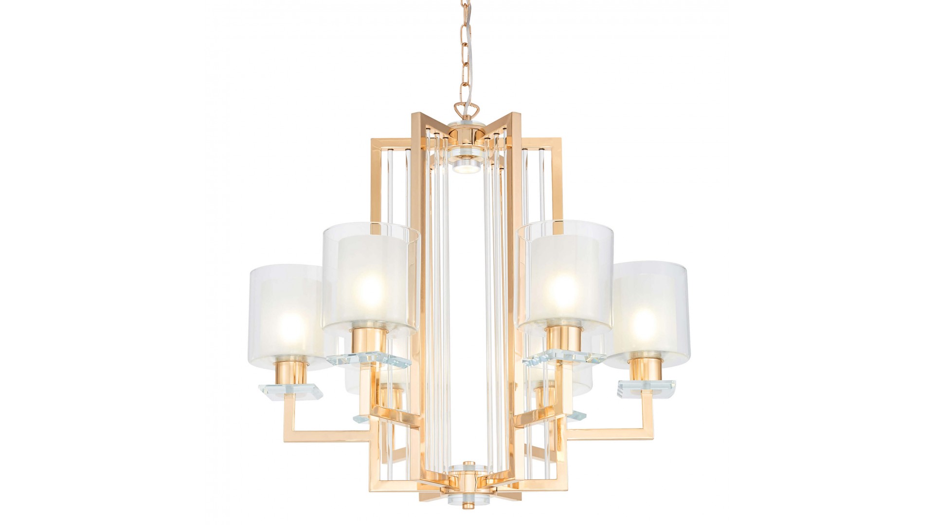 Nowoczesna lampa wisząca złota Manhattan Lumina Deco – ujęcie z przodu, złota rama i pionowe szklane tuby