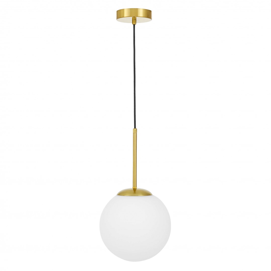 lampa wisząca złota szczotkowana fredica 20 lumina deco z białą kulą na białym tle
