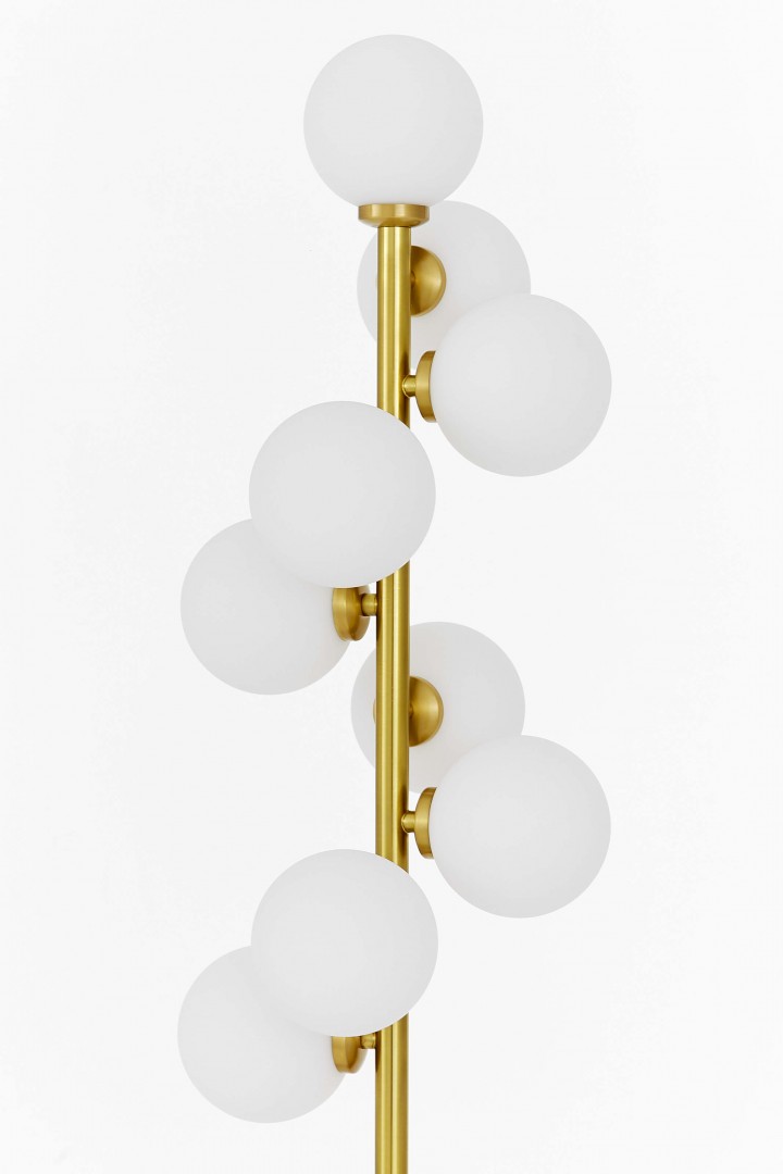 LAMPA STOJĄCA PODŁOGOWA ZŁOTO SZCZOTKOWANE BIAŁE KULE PETRICA 9 LUMINA DECO