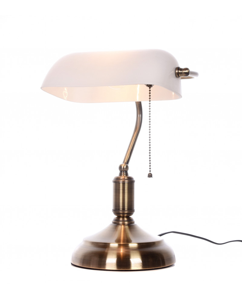 Lampa biurkowa z wygiętym ramieniem i metalową podstawą do gabinetu