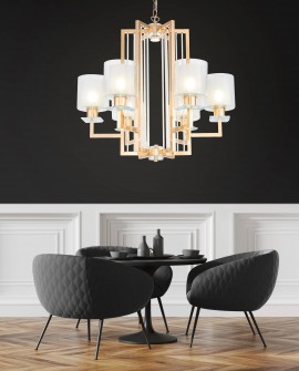 Nowoczesna lampa wisząca złota Manhattan Lumina Deco – aranżacja we wnętrzu, oświetlenie nad stolikiem kawowym
