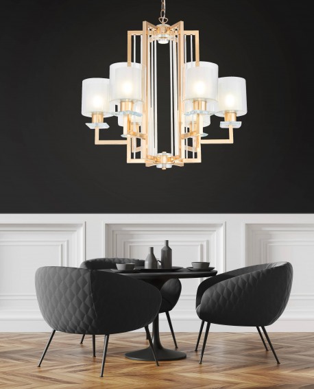 Nowoczesna lampa wisząca złota Manhattan Lumina Deco – aranżacja we wnętrzu, oświetlenie nad stolikiem kawowym