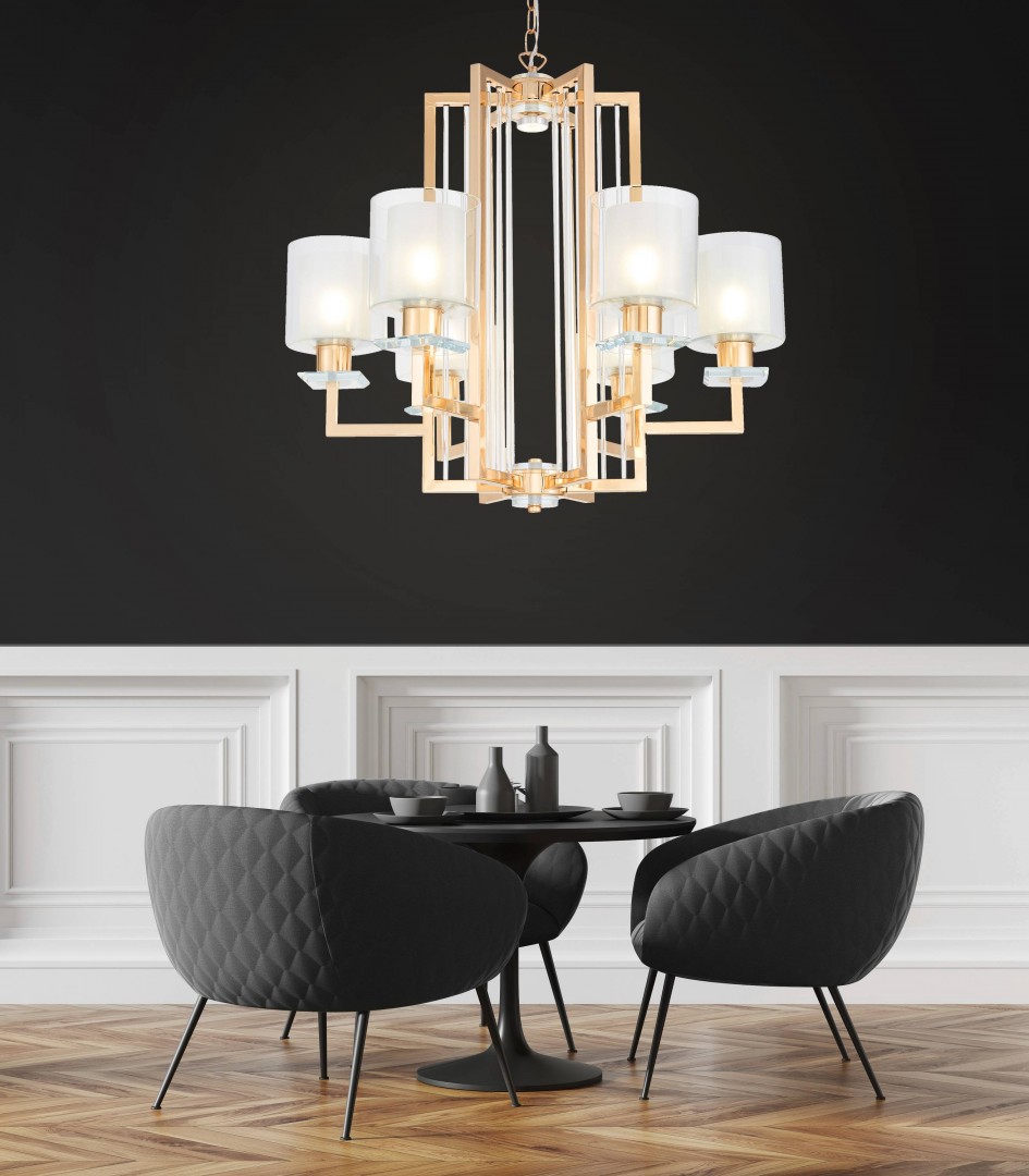 Nowoczesna lampa wisząca złota Manhattan Lumina Deco – aranżacja we wnętrzu, oświetlenie nad stolikiem kawowym