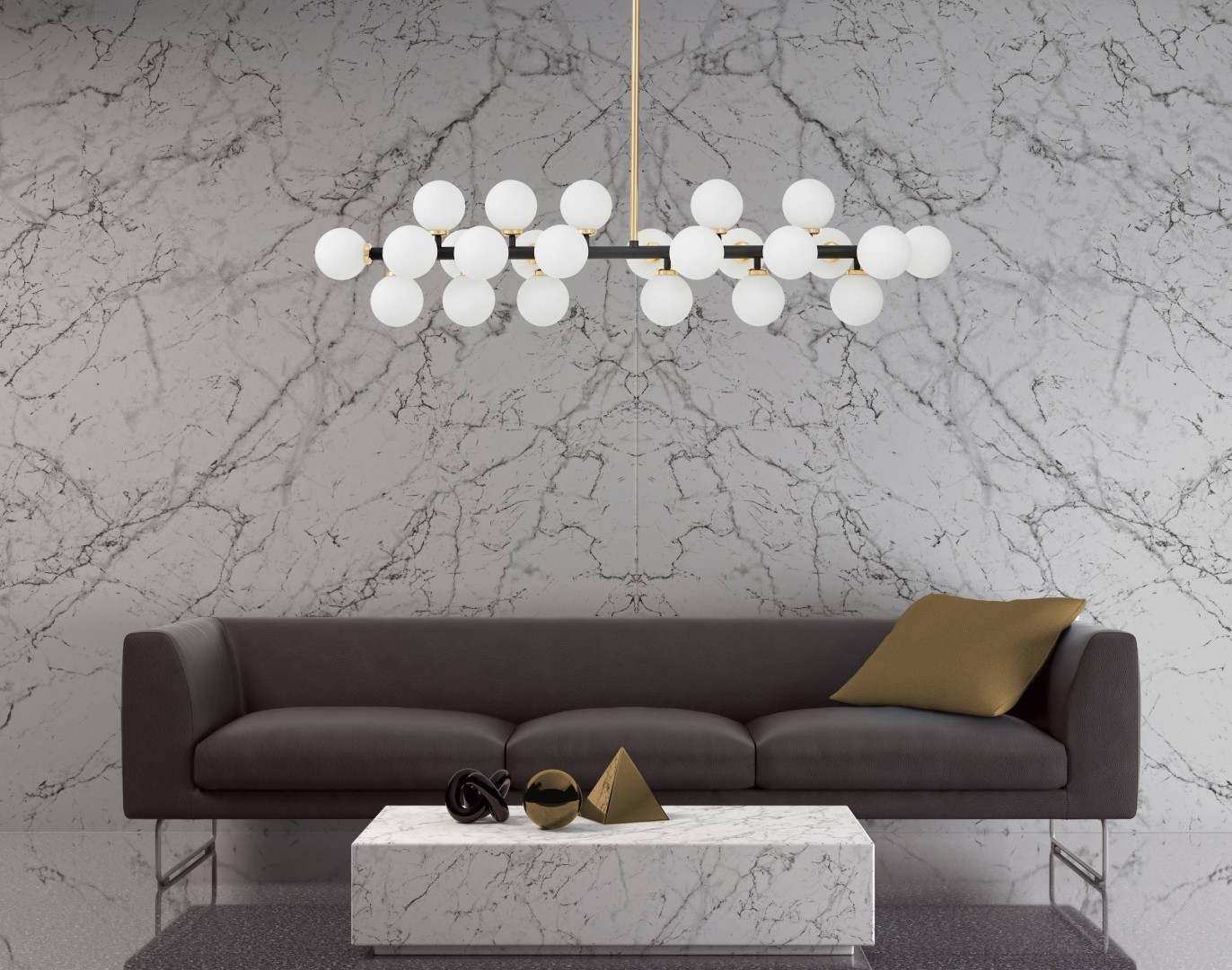 LAMPA WISZĄCA SUFITOWA NOWOCZESNA CZARNO-ZŁOTA BIAŁE KULE PETRICA 24 LUMINA DECO
