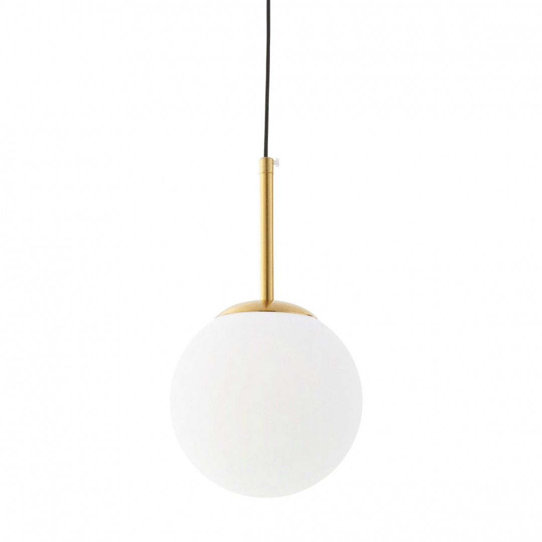 Lampa wisząca biała kula z złotym szczotkowanym pionowym mocowaniem