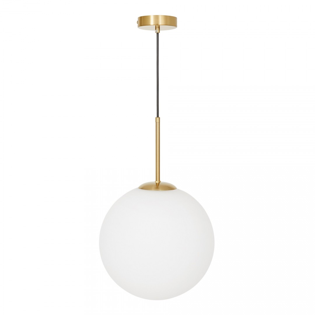 LAMPA WISZĄCA SUFITOWA NOWOCZESNA ZŁOTO SZCZOTKOWANE BIAŁA KULA FREDICA 30 LUMINA DECO