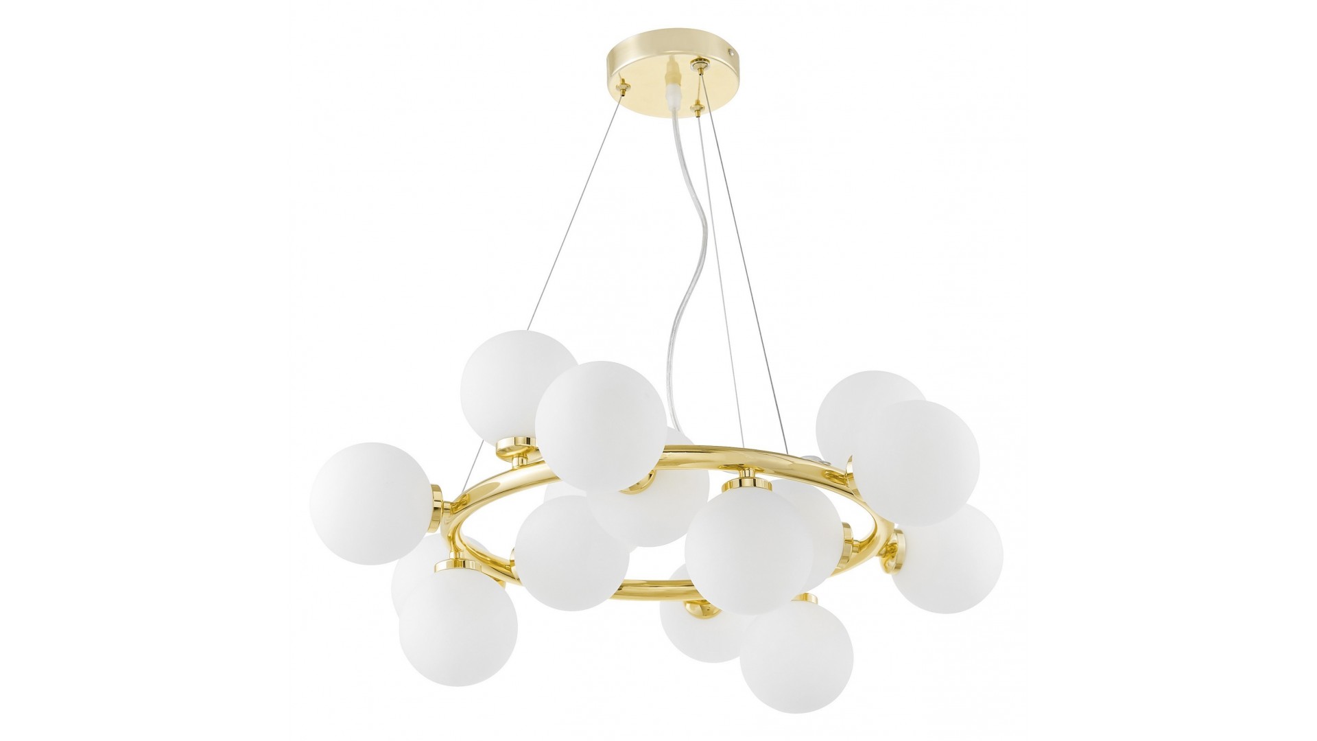 Lampa Marsiada 15 złota z białymi kulami na białym tle, eleganckie oświetlenie do salonu