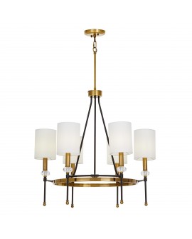 Lampa wisząca RODEZIO W6 łączy elementy złota szczotkowanego i czarnego metalu, z białymi kloszami w kształcie cylindrów