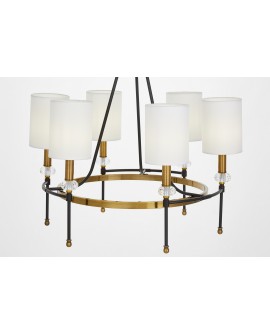 Lampa wisząca RODEZIO W6 łączy elementy złota szczotkowanego i czarnego metalu, z białymi kloszami w kształcie cylindrów