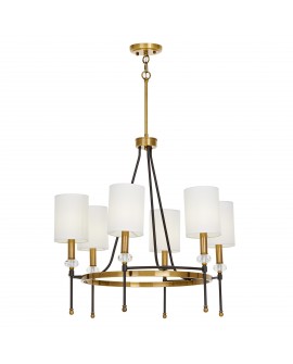 Lampa wisząca RODEZIO W6 łączy elementy złota szczotkowanego i czarnego metalu, z białymi kloszami w kształcie cylindrów