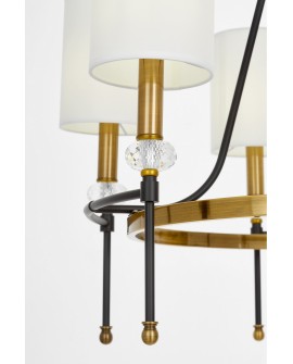 Lampa wisząca RODEZIO W6 łączy elementy złota szczotkowanego i czarnego metalu, z białymi kloszami w kształcie cylindrów