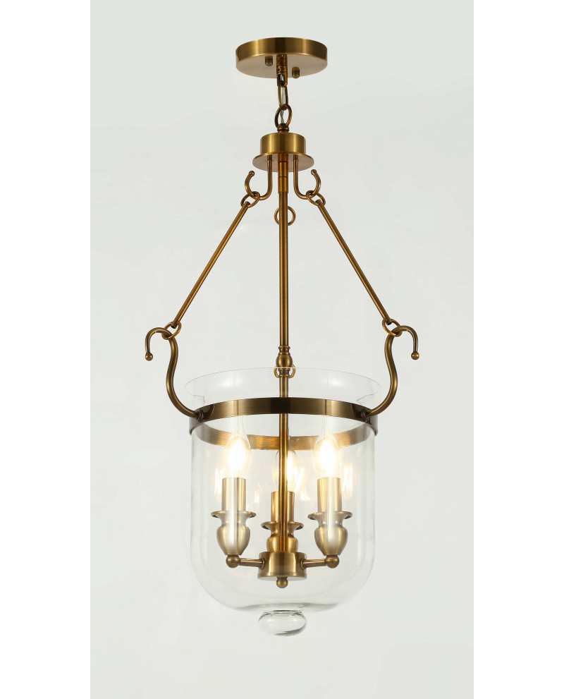 Lampa wisząca Leo złota szczotkowana, pełny widok z przodu, klasyczny design z dekoracyjnym kloszem