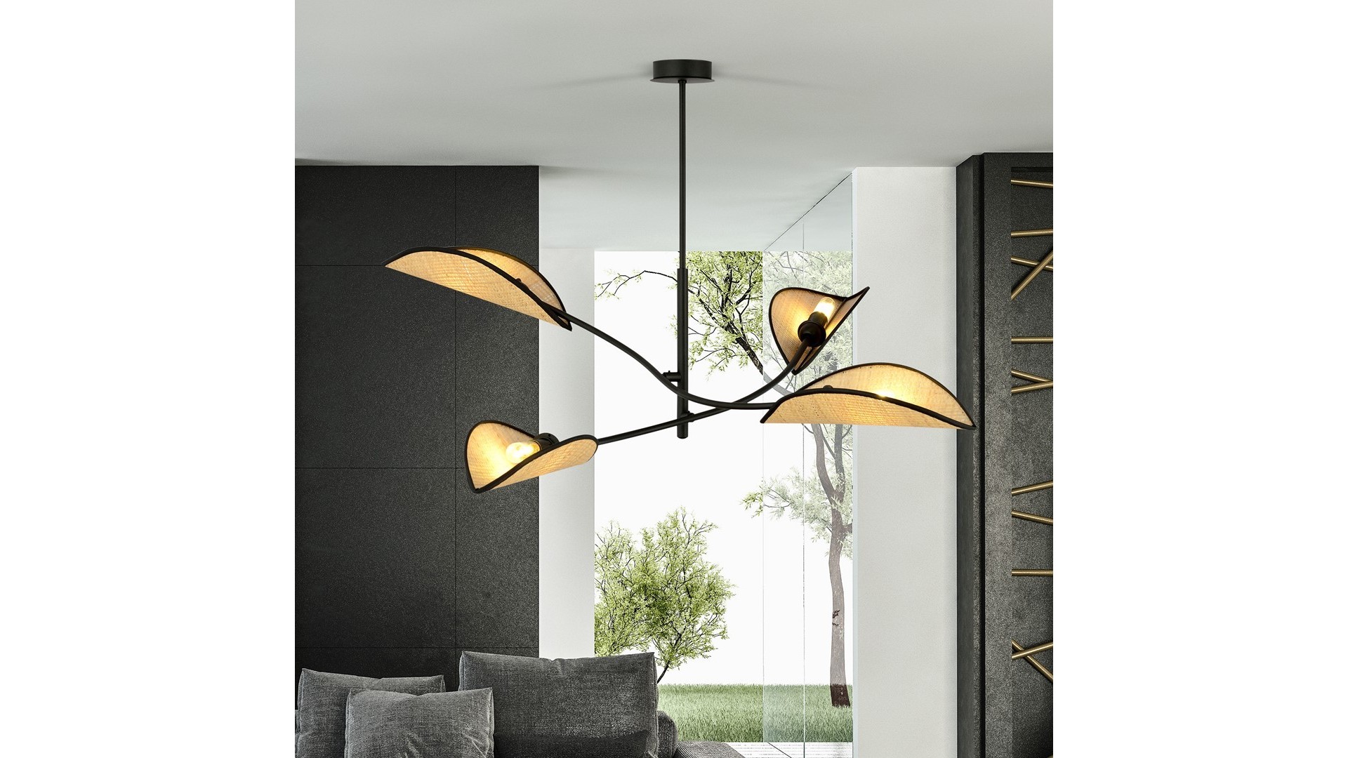LAMPA SUFITOWA LOTUS 4-PUNKTOWA CZARNA/RATTANOWA EMIBIG