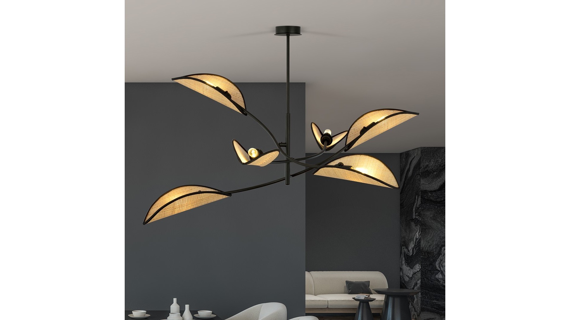 LAMPA SUFITOWA LOTUS 6-PUNKTOWA CZARNA/RATTANOWA EMIBIG