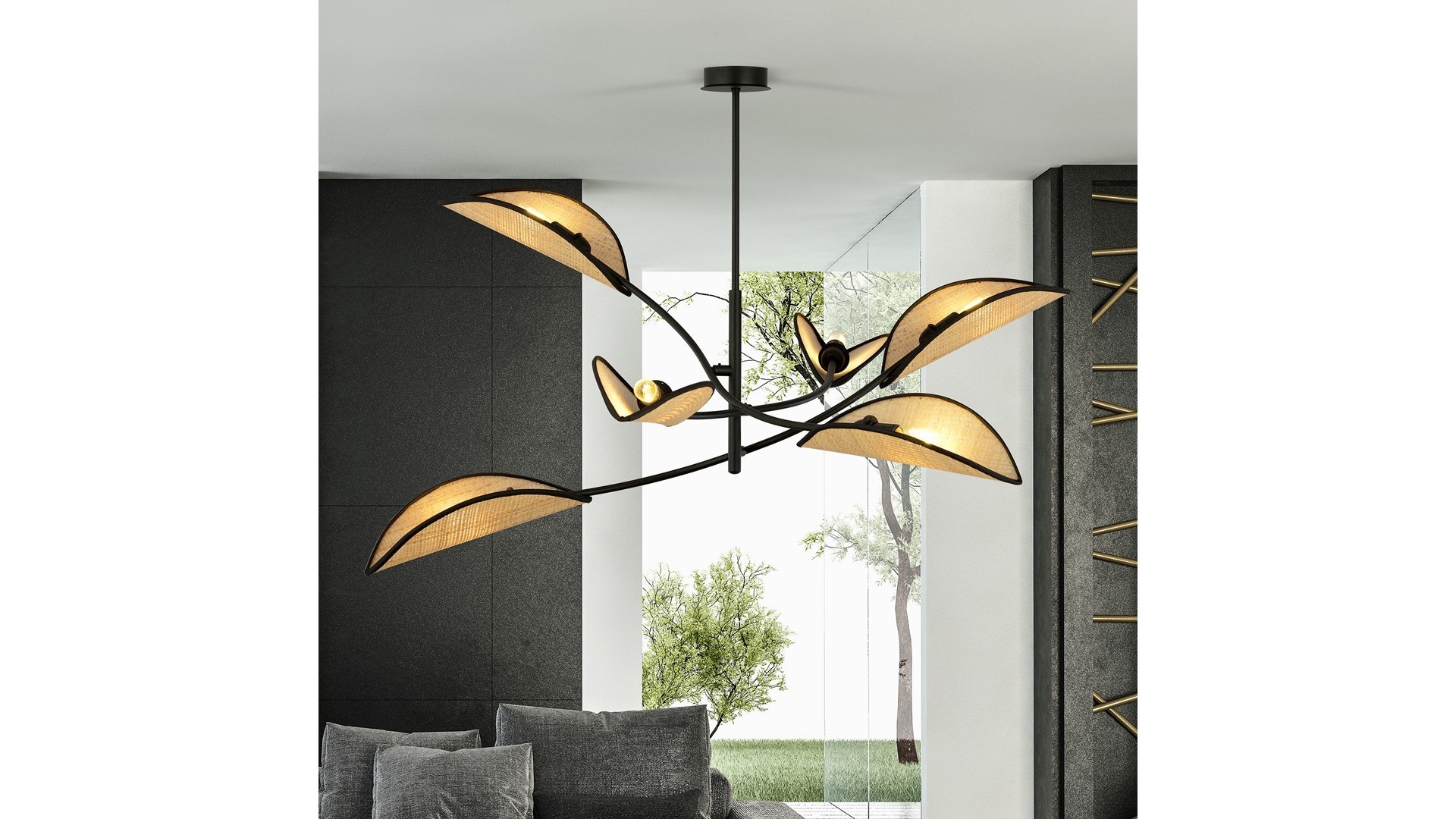 LAMPA SUFITOWA LOTUS 6-PUNKTOWA CZARNA/RATTANOWA EMIBIG