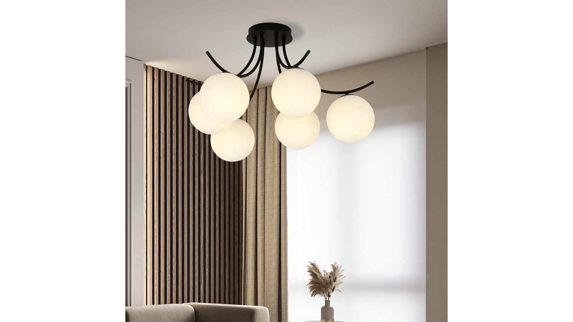 LAMPA SUFITOWA BOSTON 6-PUNKTOWA CZARNA/BIAŁE KULE EMIBIG