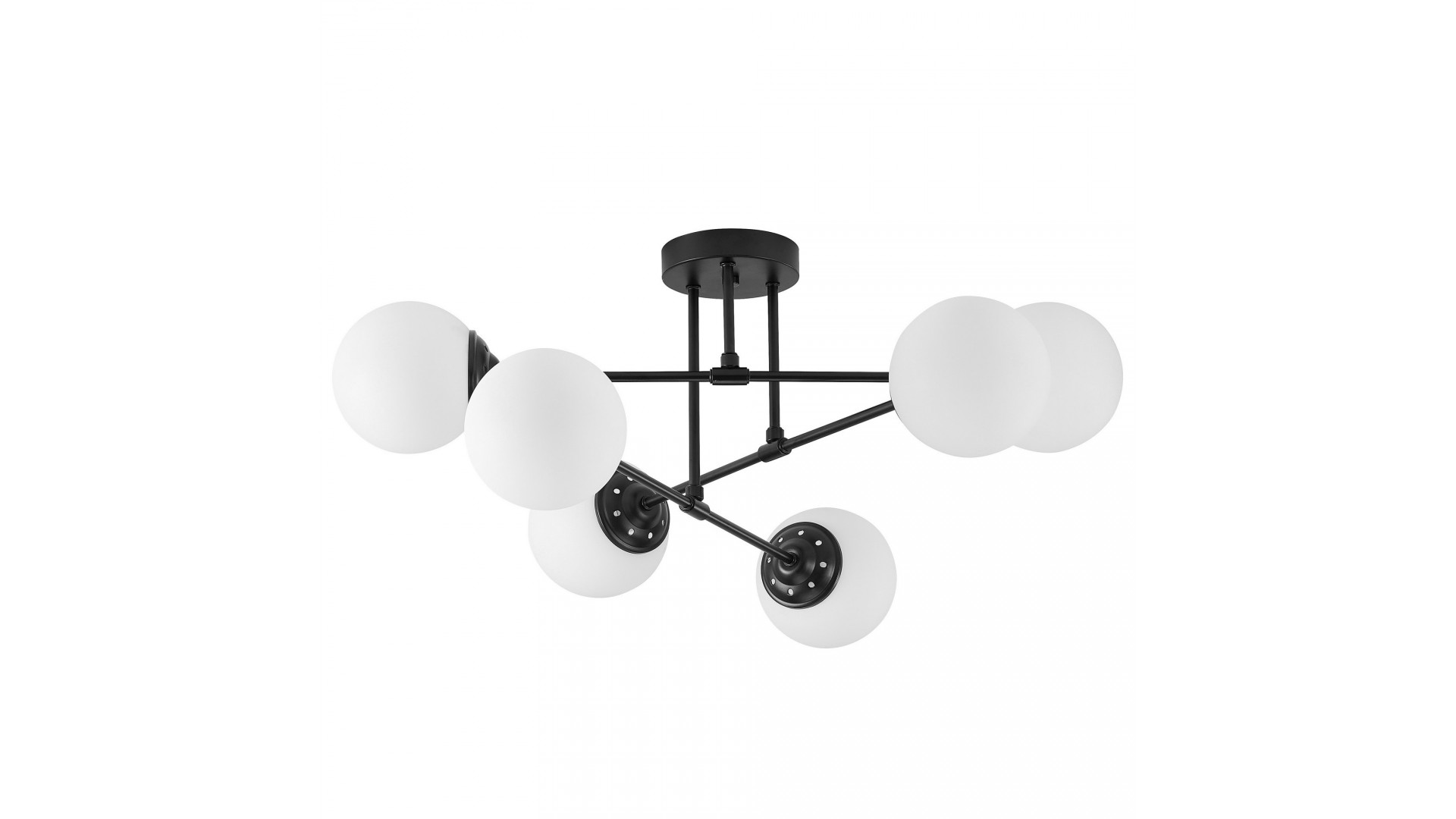 Nowoczesna lampa sufitowa Fino 6 z sześcioma białymi kulistymi kloszami LED na czarnej metalowej konstrukcji.