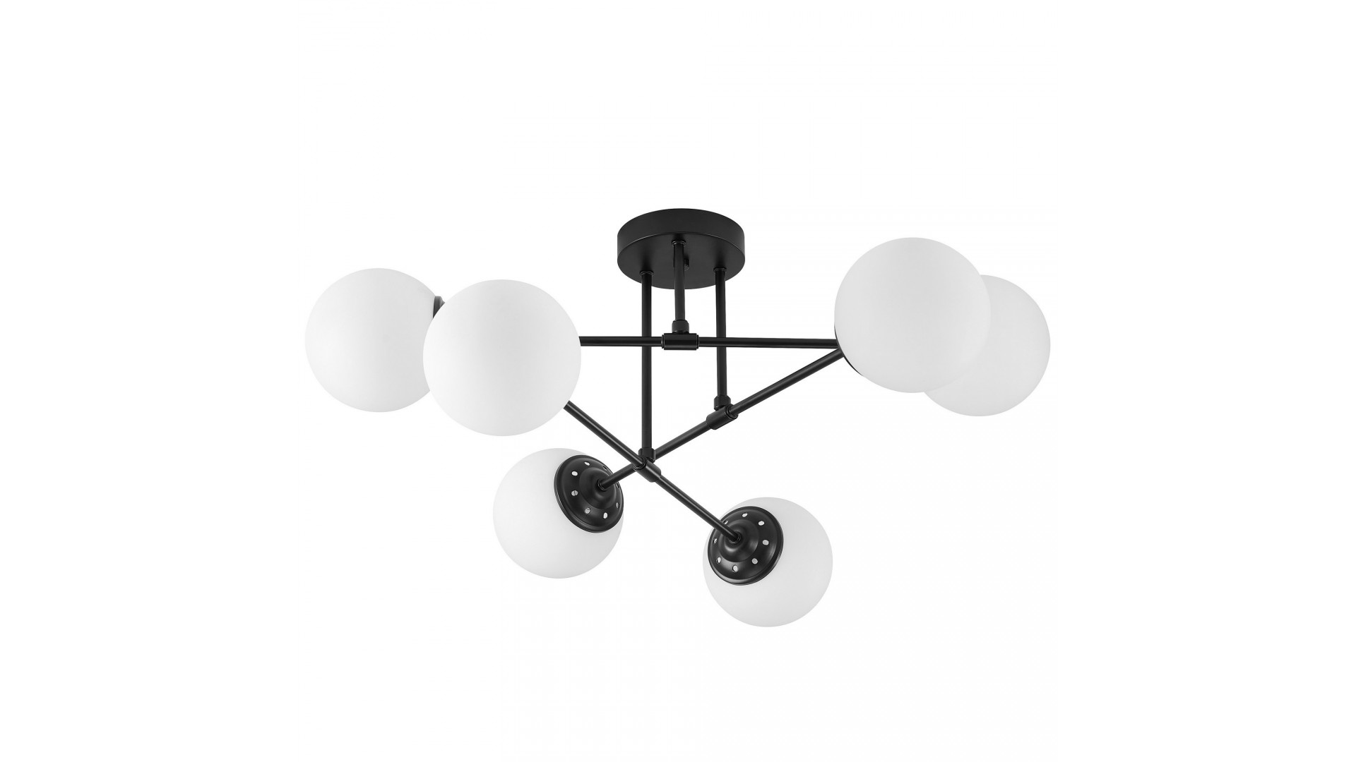 Lampa sufitowa Lampit Fino z sześcioma białymi kulistymi kloszami na czarnej geometrycznej konstrukcji