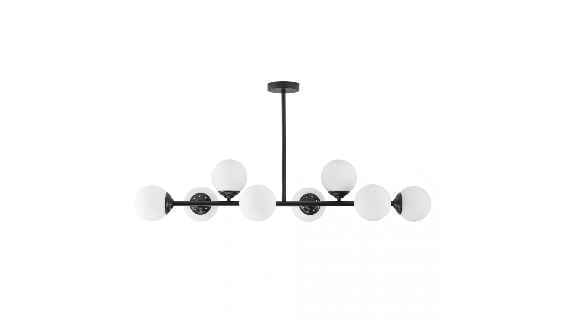 czarna lampa wisząca z ośmioma białymi kulami szkło mleczne nowoczesne oświetlenie sufitowe Lampit model FINO 8 LED