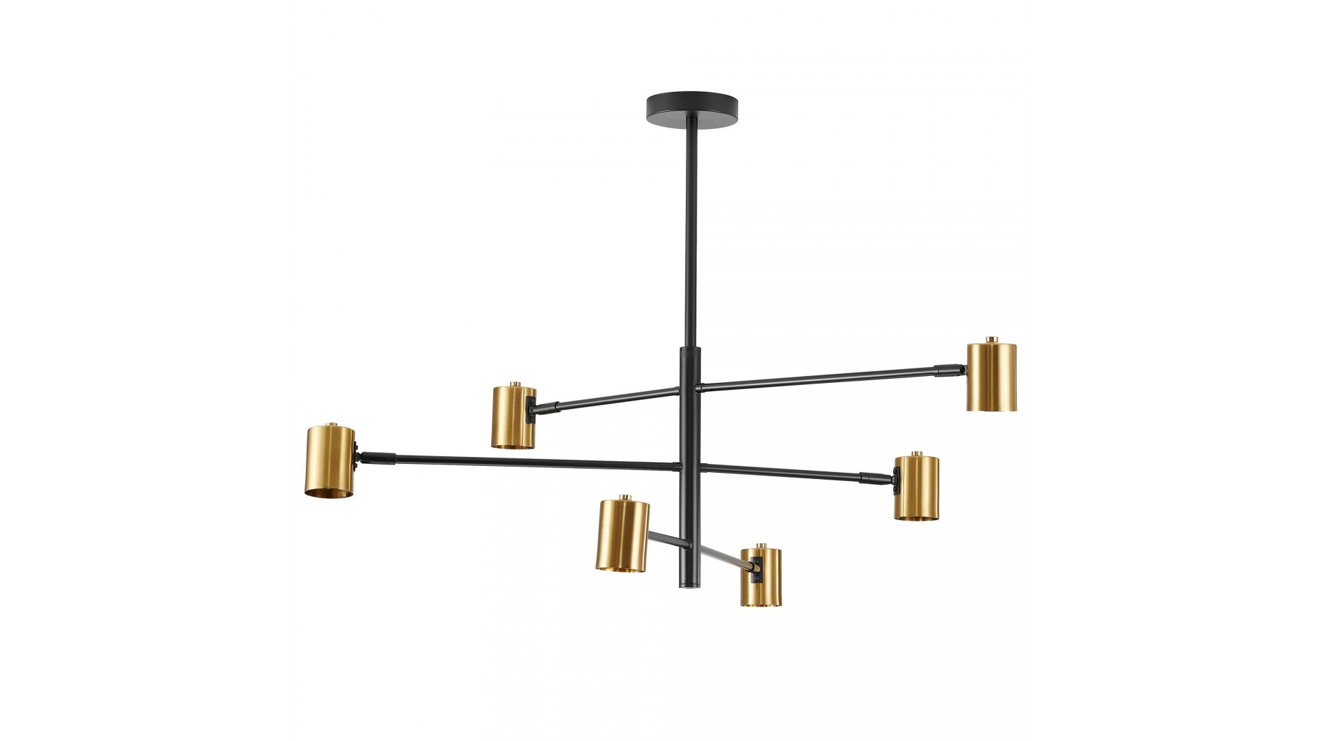 Nowoczesna geometryczna lampa sufitowa z czarną konstrukcją i złotymi cylindrycznymi kloszami, elegancka i designerska