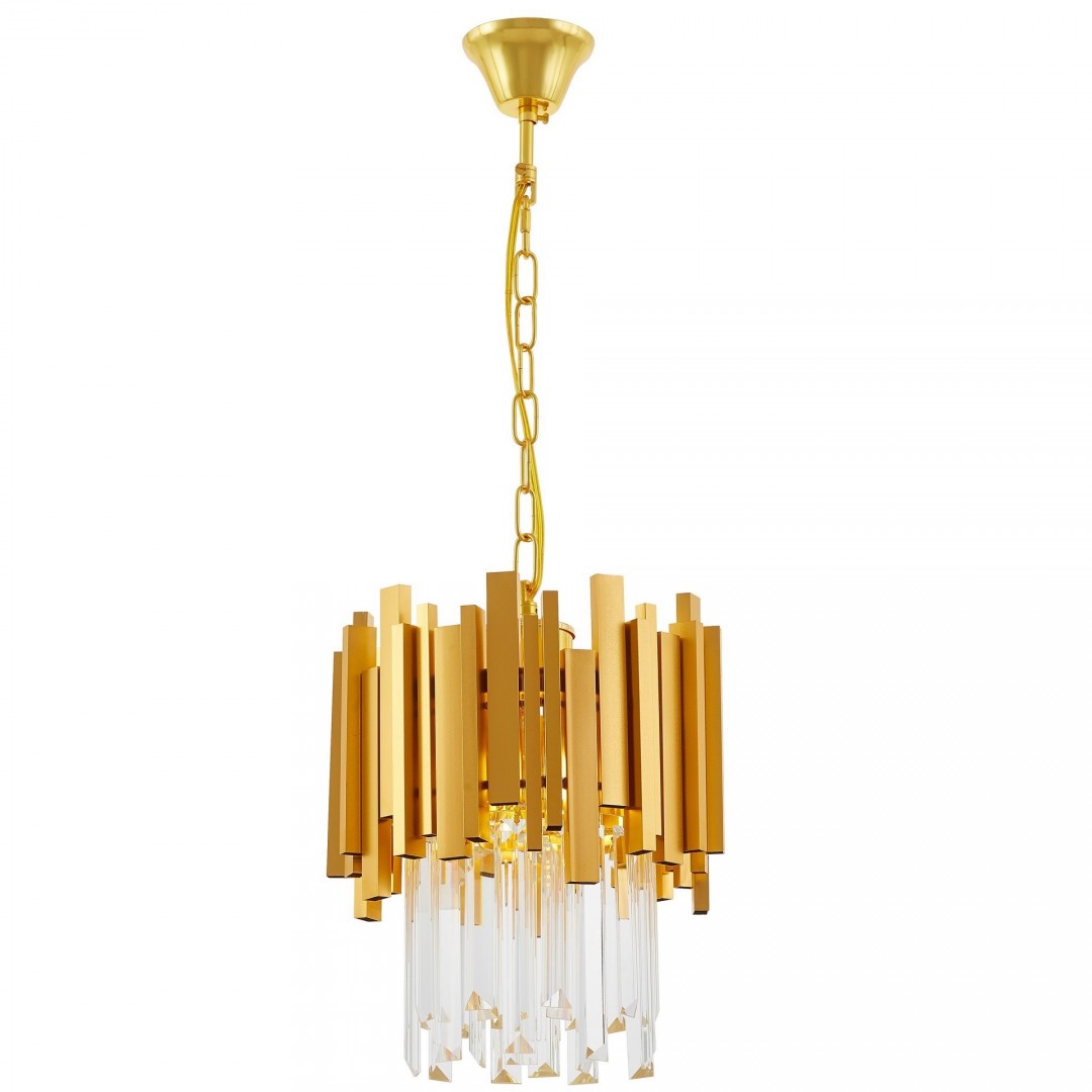 Lampa wisząca z kryształowymi elementami i złotym wykończeniem – eleganckie oświetlenie do salonu.