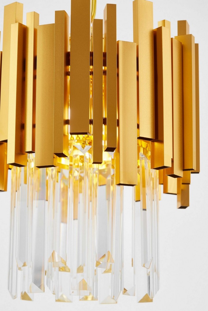 Lampa wisząca z elementami złota i kryształami – elegancja w nowoczesnym stylu, idealna do luksusowych wnętrz.