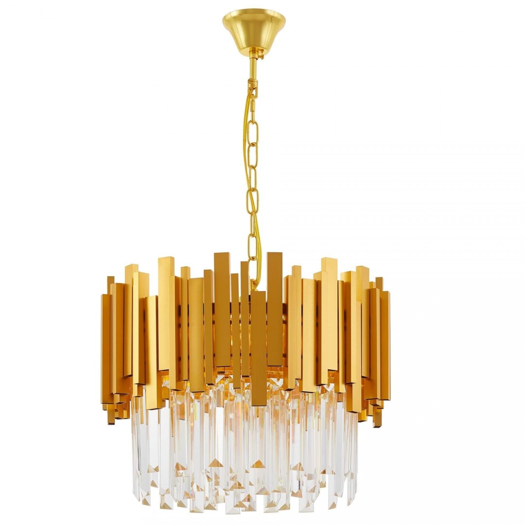 Lampa wisząca z kryształowymi elementami i złotym wykończeniem – eleganckie oświetlenie do salonu.