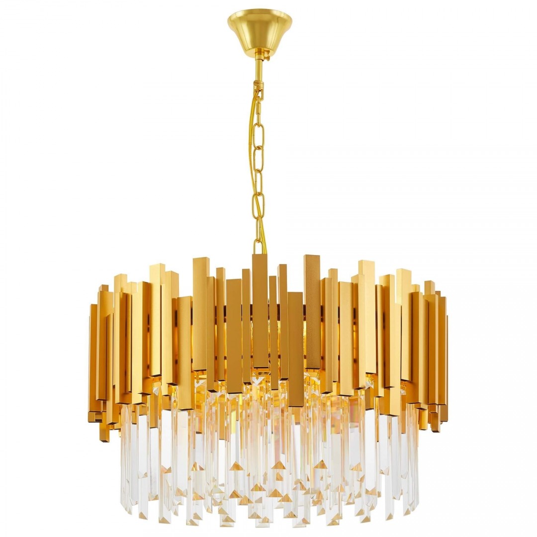  Lampa wisząca z kryształowymi elementami i złotym wykończeniem – eleganckie oświetlenie do salonu.